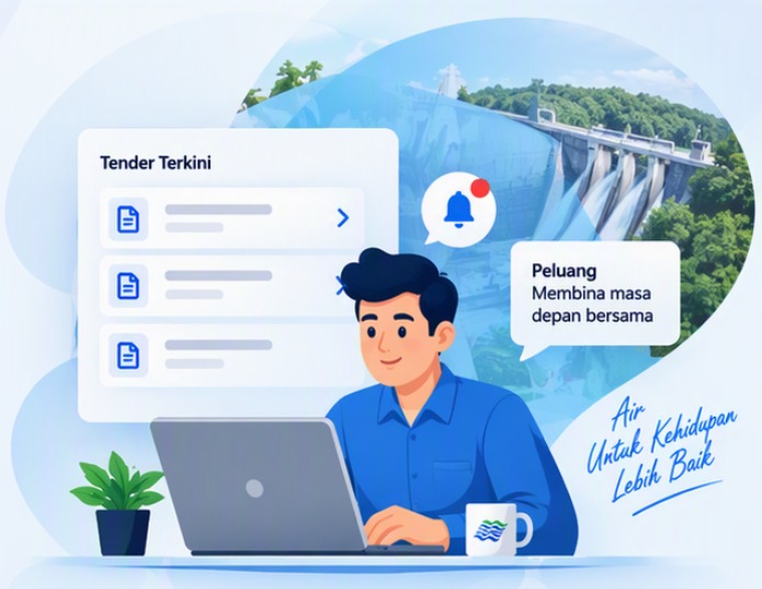 Ilustrasi petender menyemak tender terkini JPS Malaysia di komputer riba, berlatarbelakangkan empangan